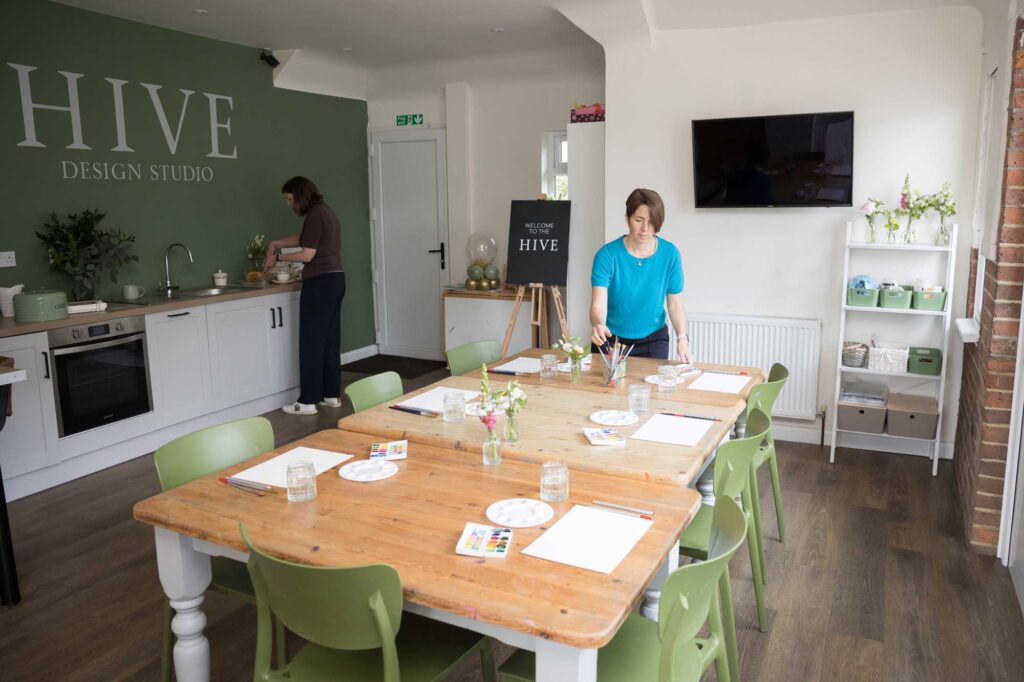 Brand photography at Hive Design Studio in Croydon. The team get ready for an art workshop in the studio.