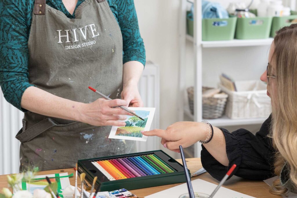 A watercolour painting class taking place at Hive Design Studio in Croydon