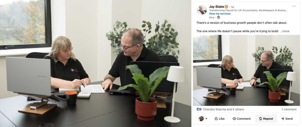Two people sitting at a desk - an example of a business using their photography to help in marketing their brand on LinkedIn