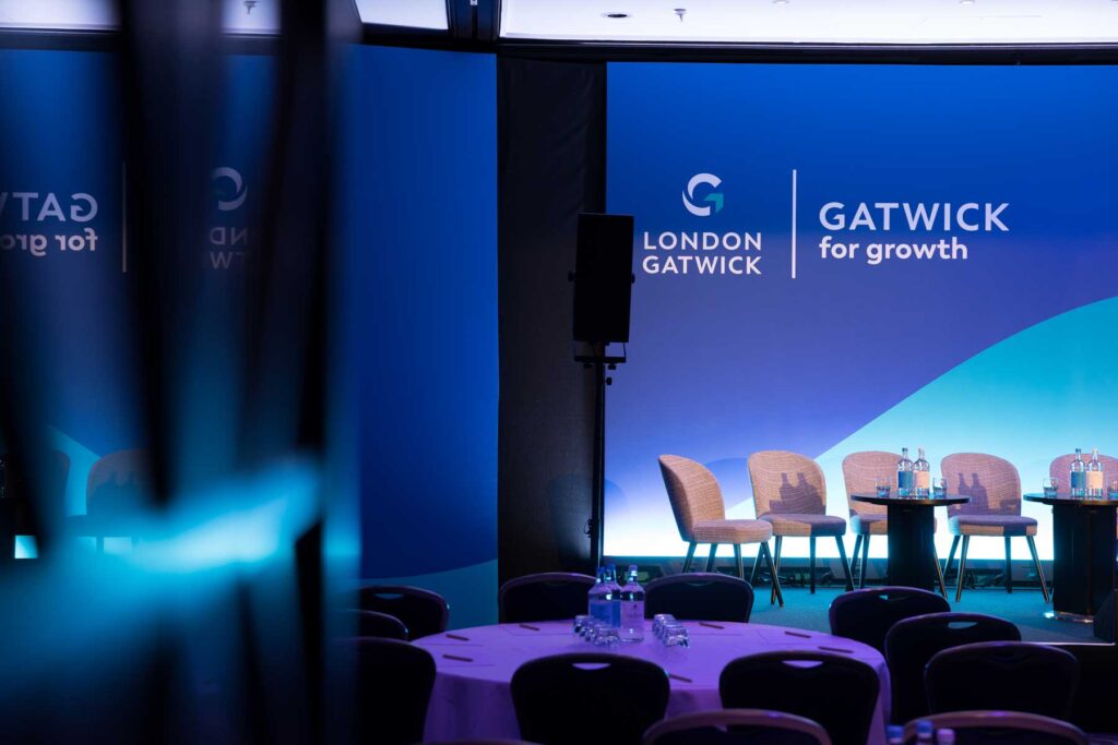 Creative photography showing the stage at a corporate business event for London Gatwick Airport