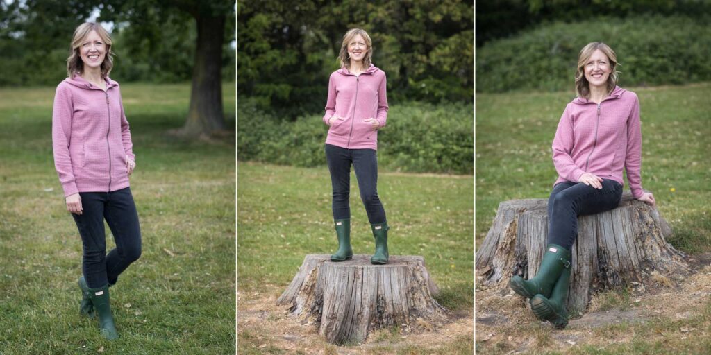 Fun personal brand photography images of a lady sitting on a tree stump